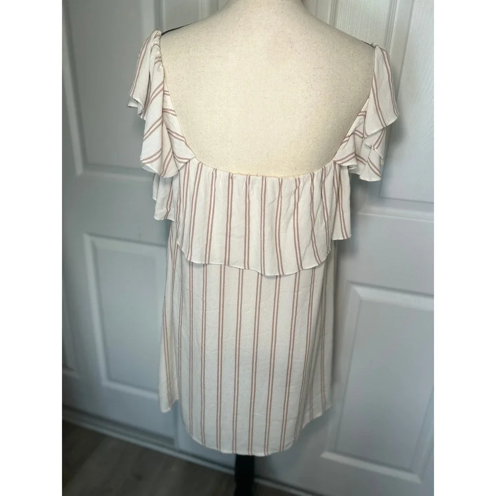 Privacy Please Revolve Norval Dress Off Shoulder Ruffle M Cream Tan Striped Mini